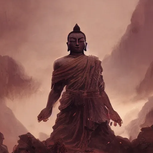 Prompt: a Buddha made of stone fighting a dragon, action painting, dramatic lighting, illustration by Greg rutkowski, yoji shinkawa, 4k, digital art, concept art, trending on artstation