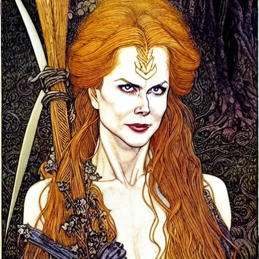 Prompt: a realistic, very beautiful and atmospheric portrait of a young and lithe nicole kidman as a druidic warrior wizard looking at the camera with an intelligent but seductive gaze by rebecca guay, michael kaluta, charles vess and jean moebius giraud