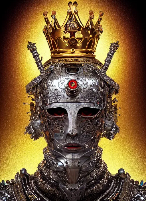 Image similar to portrait of king arthur knight cyborg with a golden crown with red gemstones, studio portrait against a black background, modern fine art, fractal, intricate, elegant, highly detailed, digital photography, subsurface scattering, in the style of ghost, by jheronimus bosch and yue minjun and giger and greg rutkowski,