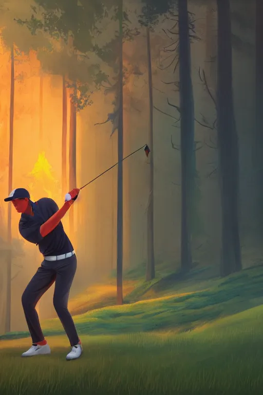 Prompt: close-up of an athletic golf player on a stunning landscape lush golf course, far away a burning forest, digital painting, 4k, forest rays of light, particles light, by sasha kalinkin, Noah Bradley, ilya kuvshinov