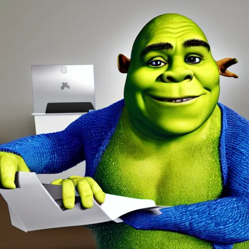 Prompt: stock photo of shrek calculating his taxes, spectacles without border on the end of his nose, microsoft excel 2002 bootcamp instructor