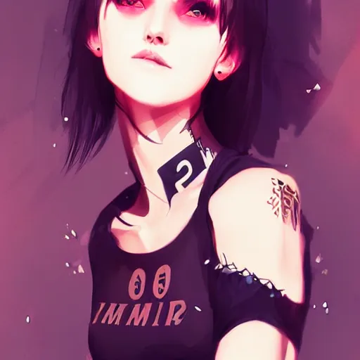 Image similar to portrait of a beautiful punkrock woman in crop top, by guweiz