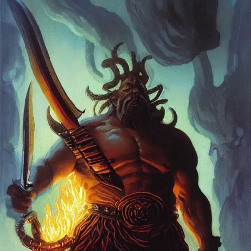 Image similar to head and shoulders portrait of a black helmed fire giant with a beard of fire and a giant sword, d & d, fantasy, greg rutkowski, frank frazetta, alexandre chaudret, boris vallejo, michael whelan, miro petrov, hr giger, magali villeneuve, donato giancola