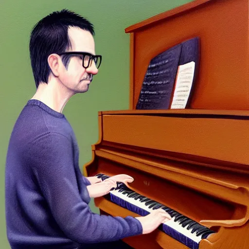 Image similar to An Oil Painting of the back view of Rivers Cuomo in a sweater with long hair and a mustache masterfully playing the piano, hyperrealistic, extremely realistic, highly realistic, HD Quality, 4k resolution, 8k resolution, Detailed, Very Detailed, Highly Detailed, Extremely Detailed, Intricate Details, Real, Very Real, Oil Painting, Digital Painting, Painting, Trending on Deviantart, Trending on Artstation