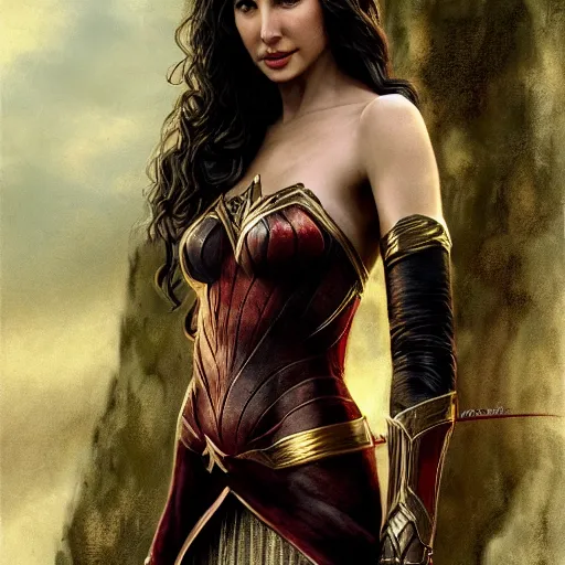 Image similar to An enchanting portrait of Gal Gadot as an elf in evening gown, evening, detailed matte painting, cinematic, Alan Lee, Artstation