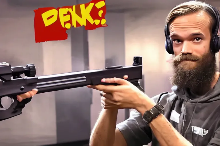 Image similar to pewdiepie doing a gaming video with a gun