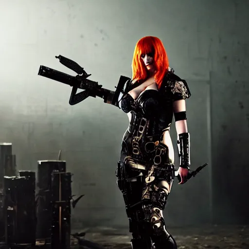 Image similar to full body photo of christina hendricks as a cyberpunk warrior with weapons