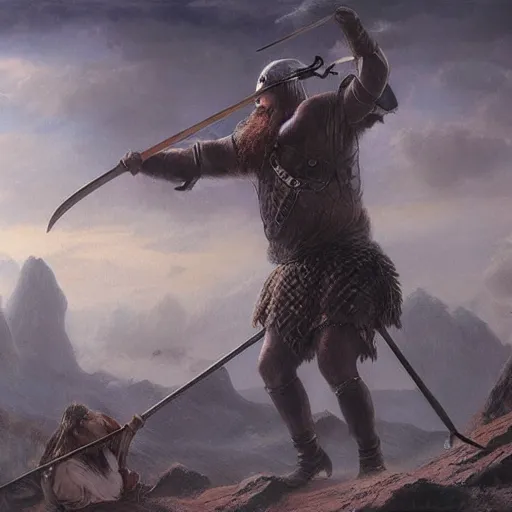 Image similar to viking fighting against a giant fantasy art, matte painting