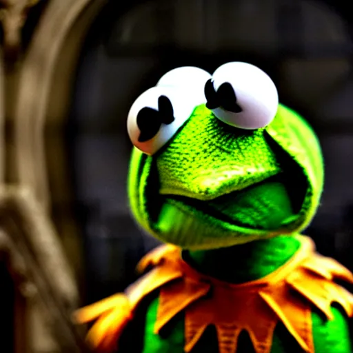 Image similar to first shot of kermit the frog in game of thrones, ( eos 5 ds r, iso 1 0 0, f / 8, 1 / 1 2 5, 8 4 mm, postprocessed, crisp face, facial features )