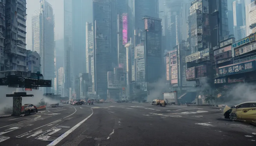 Prompt: Hong Kong in 2077, cyberpunk, steam covering the road,