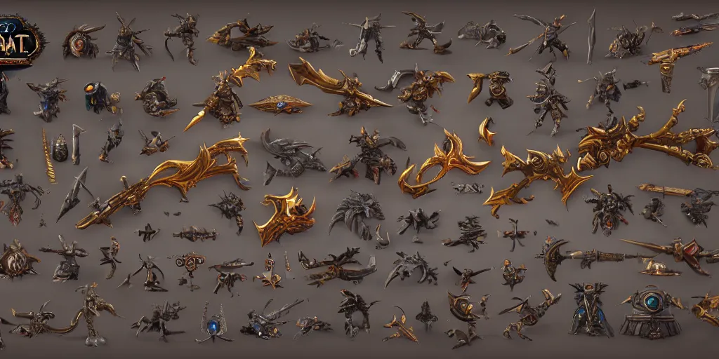 Prompt: fantasy world of warcraft weapons and treasure, hard surface, collection, kitbash, parts, artstation, 8k, Shape and form