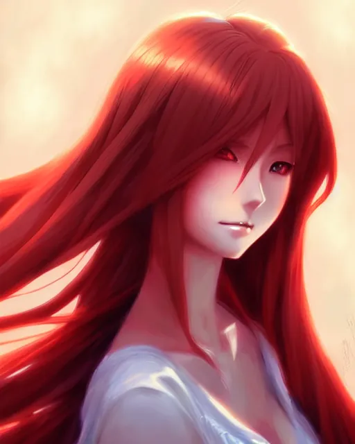 Prompt: anime portrait, intricate, elegant, long red hair, digital painting, artstation, concept art, art by artgerm, style of makoto shinkai