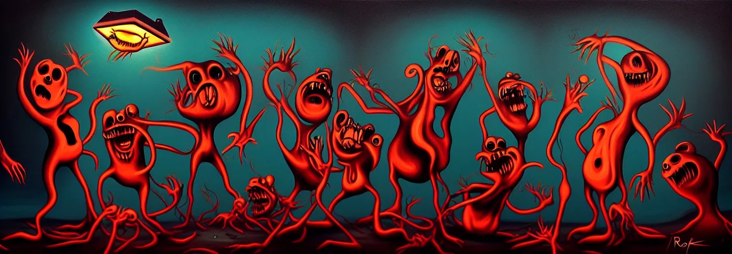 Image similar to visceral freaky monsters from the darkest depths of collective unconscious, dramatic glowing lighting, 1 9 3 0 s fleischer cartoon characters, wild emotional expressions - surreal painting by ronny khalil