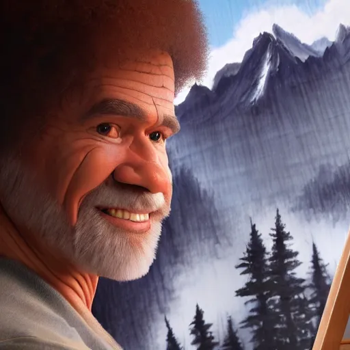 Image similar to a closeup photorealistic photograph of bob ross working on a canvas painting of spiderman. film still. brightly lit scene. mountains and trees. this 4 k hd image is trending on artstation, featured on behance, well - rendered, extra crisp, features intricate detail, epic composition and the style of unreal engine.