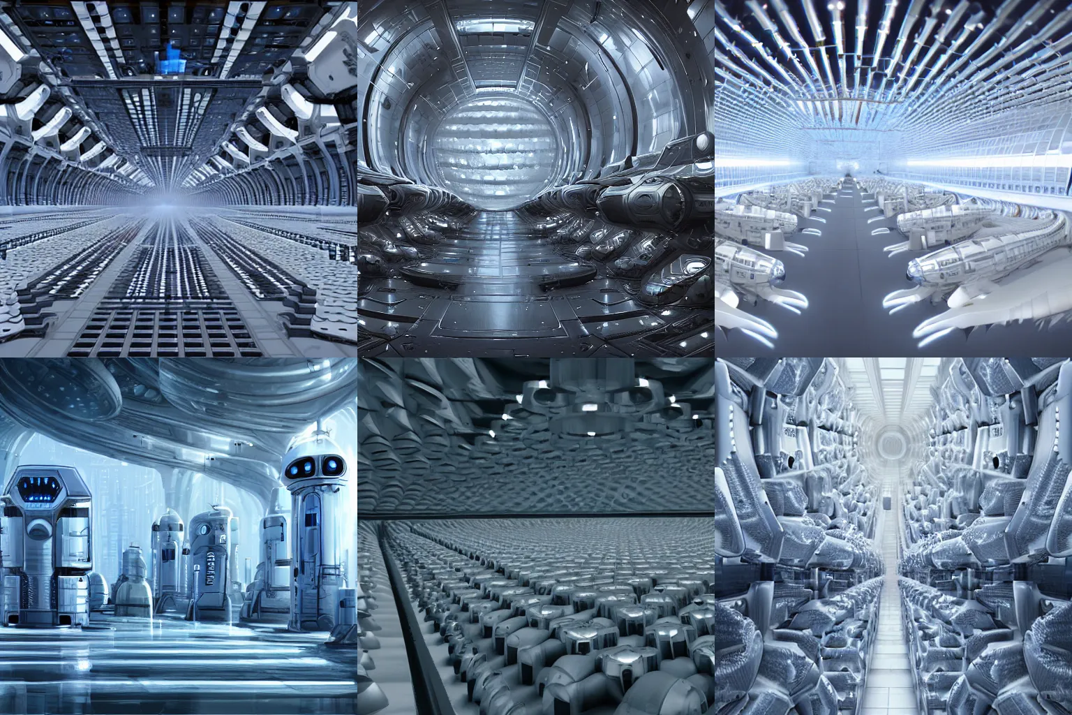 Prompt: one thousand aligned cryogenic pods, symmetrical, futuristic decoration, sci-fi, cryogenic pods, many cryogenic pods, 4k, wide shot, matte painting, renaissance painting