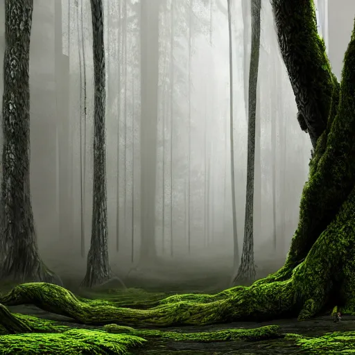 Image similar to Foggy forest with huge trees overgrown with moss and lianas, a hunter in combat wooden exoskeleton with chrome details walks between the roots. beautiful strange detailed painting 8k resolution deviantart trending on Artstation concept art digital illustration Unreal Engine VRay, lots of reflective surfaces, lots of reflective surfaces, subsurface scattering