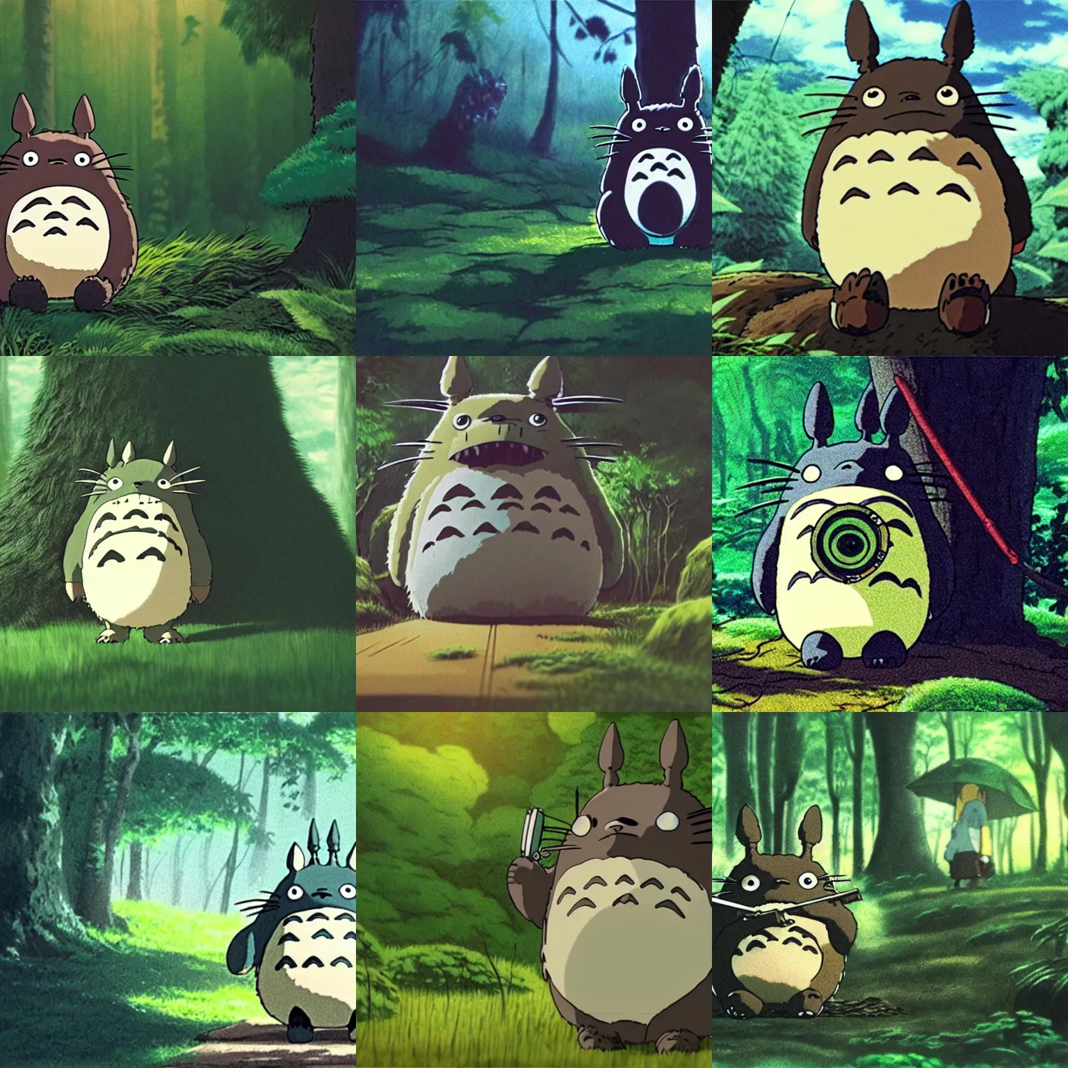 Prompt: movie still of totoro holding a vintage film camera, studio ghibli, hayao miyazaki, lush forest clearing, cinematic lighting, sunny, highly detailed, hand drawn, intricate,