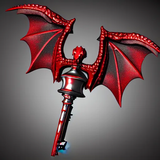 Image similar to a 3d game object of the metal key for the cage, very realistic, with dragon wings and large red diamond in it, it is very detailed, on the white background, rpg game inventory item