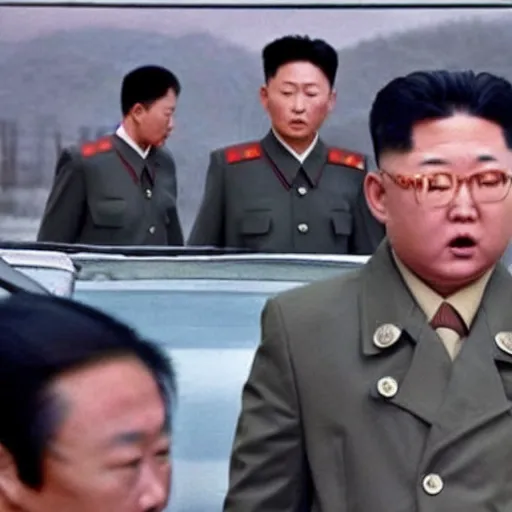 Image similar to low resolution filmstill of a north Korean thriller in the style of Kim Jong-il and David Cronenberg