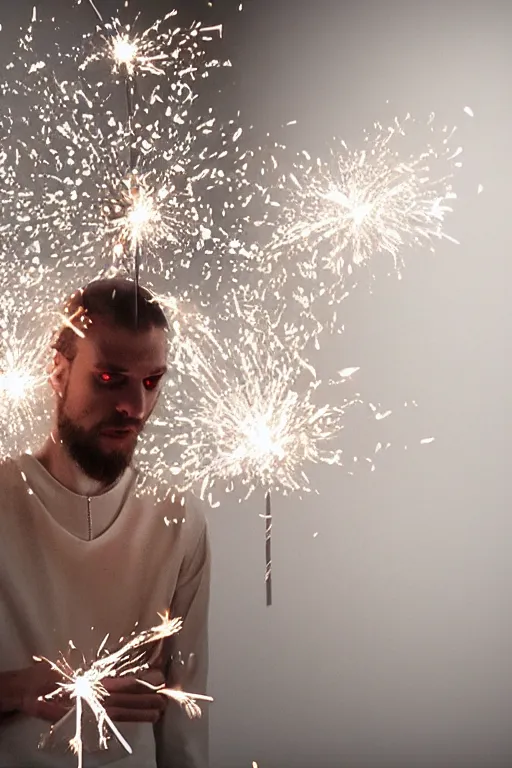 Image similar to margiela campaign featuring artist ben schumacher blowing out all the candles on the birthday cake, sparklers, realistic vfx simulation