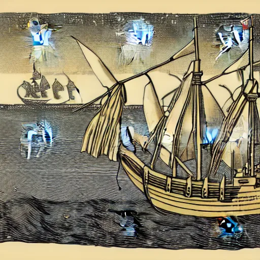 Image similar to detailed golden age illustration of a pirate ship on the ocean