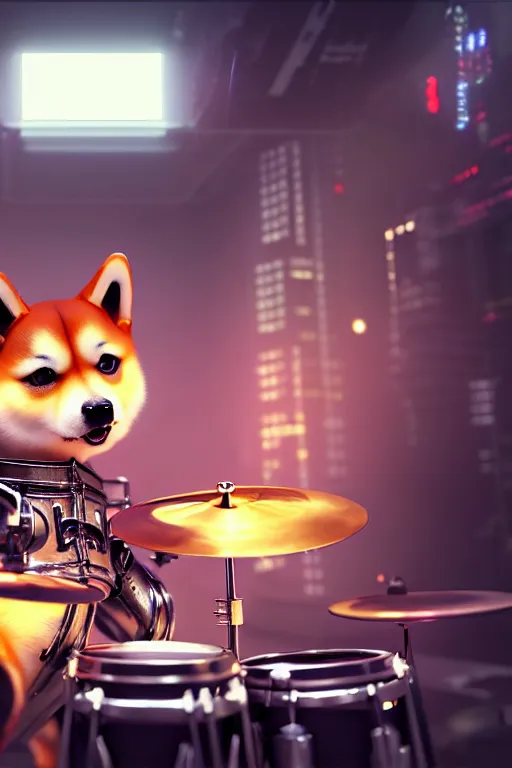 Image similar to high quality 3 d render very cute cyborg shiba inu plays drums, cyberpunk highly detailed, unreal engine cinematic smooth, in the style of blade runner & pixar, hannah yata charlie immer, moody light, low angle, uhd 8 k, sharp focus