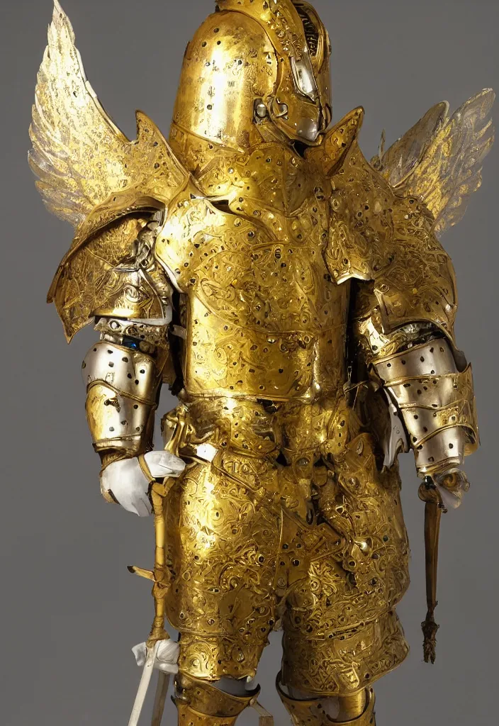 Image similar to holy knight wearing golden and white intricate armour, wings on the helm, fantasy