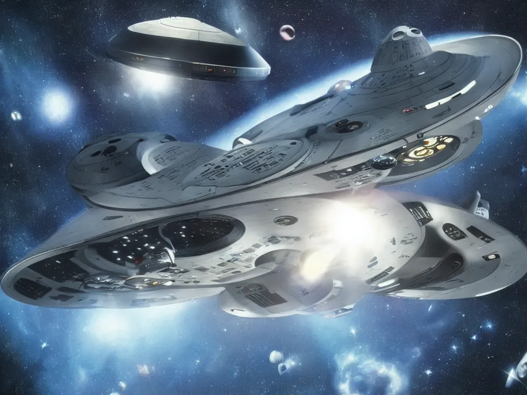 Image similar to Star Trek`s original Enterprise spaceship flying in a starry outer space