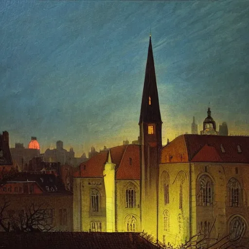 Image similar to city, church, night, dramatic light, oil painting, by caspar david friedrich