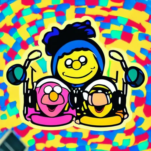 Image similar to svg sticker of a Pop-Wonder Bert&Ernie, Sesame-Street, at a rave, spinning records, giant headphones rocking out, wearing headphones, huge speakers, dancing, rave, DJ, spinning records, digital art, amazing composition, rule-of-thirds, award-winning, trending on artstation, featured on deviantart