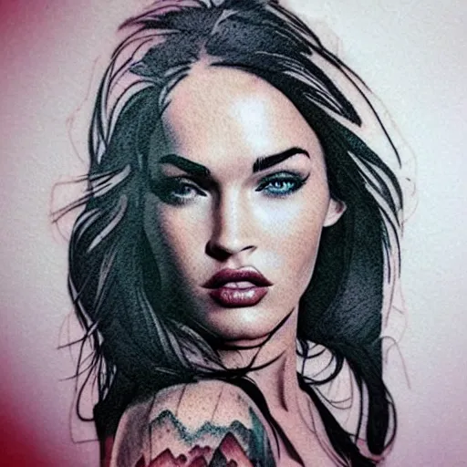 Image similar to megan fox as beautiful mountains, double exposure effect, medium sized tattoo sketch, amazing detail, trending on pinterest, in the style of dan mountford