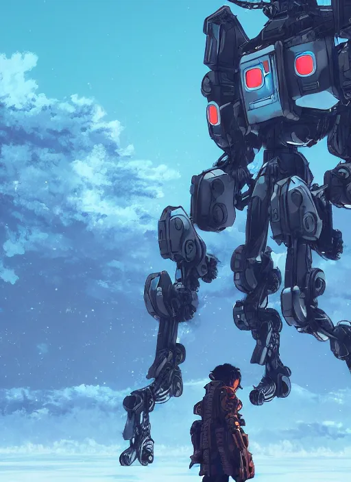 Image similar to intricate digital artwork of a giant japanese anime war mecha by simon stalenhag, by nuthin'but mech, by kallamity sketchbook, inspired by metal gear solid, frozen arctic background, octane render, cgstation, 4 k resolution