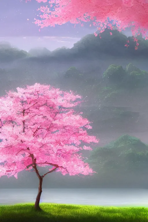 Prompt: a single alone sakura tree growing upon an island in a lake, cherry blossoms, illustration, light beams, simple, minimalist, digital art, oil painting, fantasy, 8 k, trending on artstation, detailed