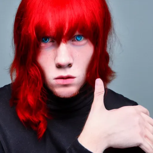 Image similar to a comic - like red haired boy with red eyes and surrounded with a red background with fire