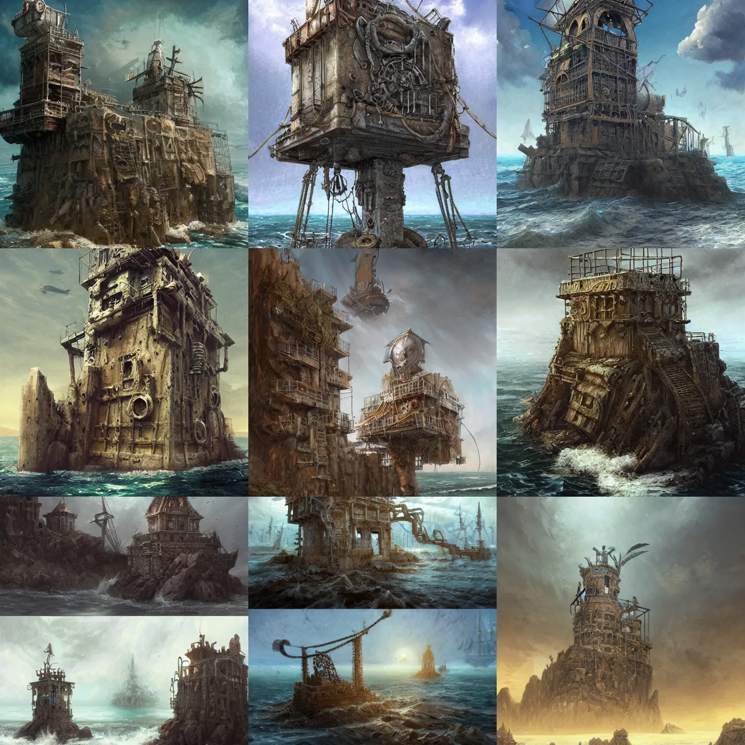 Prompt: post apocalyptic pirate metal tower with cages in ocean, low - relief stone sculpture, low detailed. digital painting, artstation, concept art, smooth, sharp focus, illustration, artstation, art by giger and greg rutkowski and hikari shimoda and edmund blair leighton and charlie bowater