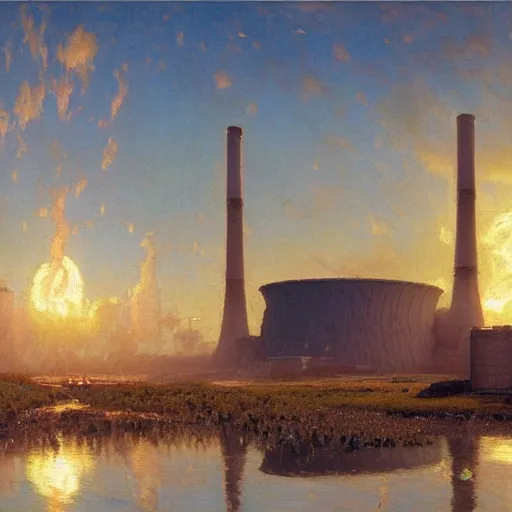 Image similar to detailed cinematic wide shot of giant world nuclear power plant, ultra realistic, spring light, painting by gaston bussiere, craig mullins, j. c. leyendecker