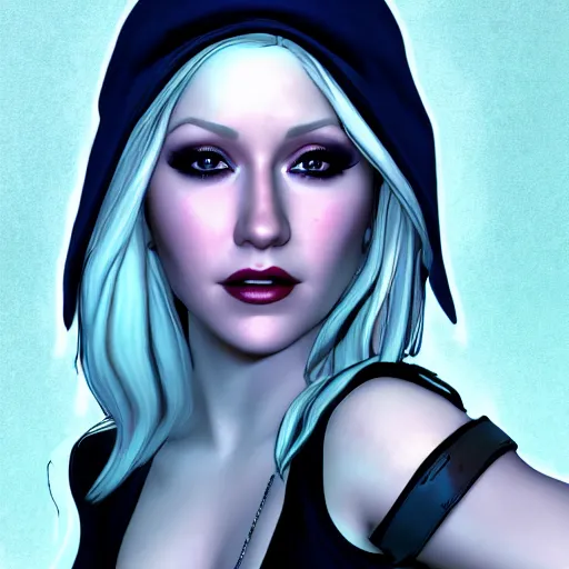 Image similar to christina aguilera portrait, borderlands, tales from the borderlands, the wolf among us, comic, cinematic lighting, studio quality, 8 k