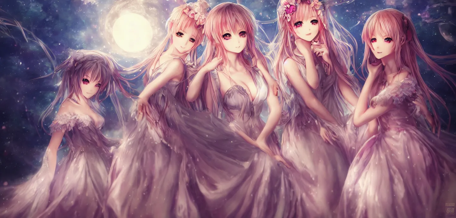 Prompt: two beautiful anime girls wear fantasy dress in festival | | sunny night, full moon, dreamlike art, realistic shaded, smile, good looking, hyper details, 4 k realistic, cryengine, realistic shaded lighting poster by artgerm, ross tran, fuji choko, 8 k resolution, trending on artstation, luxury