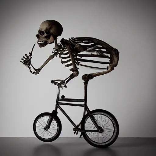 Prompt: “skeleton with a huge head riding a bicycle, studio lighting”