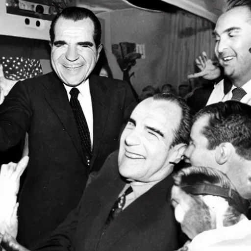 Prompt: Richard Nixon clubbing with seals and they're all dancing