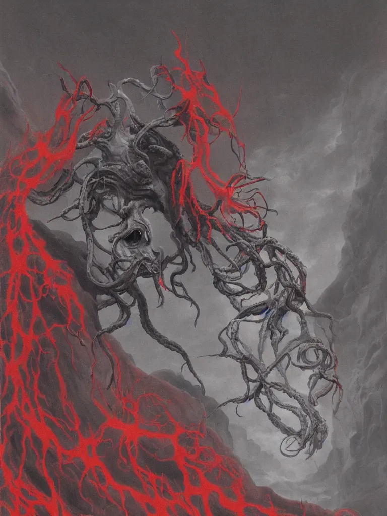 Prompt: painting by wayne barlowe of a flying sorrowful looking severed human head with tears running down it's eyes, face that is chalk white in color, with long sprawling white tentacles stemming down it's neck, fiery scorching red eyes, flying inside a terrifying hellish cave with lava flowing through it's walls, 4 k