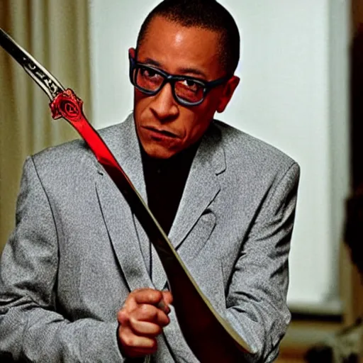 Prompt: Gus Fring with a daedric katana