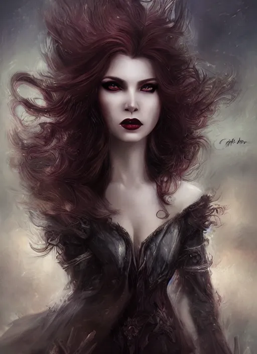Image similar to a beautiful woman vampire queen, 8 k, sensual, hyperrealistic, hyperdetailed, beautiful face, long hair windy, dark fantasy, fantasy portrait by laura sava