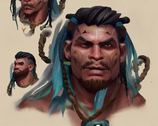 Image similar to sea of thieves character portrait concept art for a muscular tribal native man with polynesian tattoos on his face and a nose ring, cgsociety, trending on artstation, rare ltd,