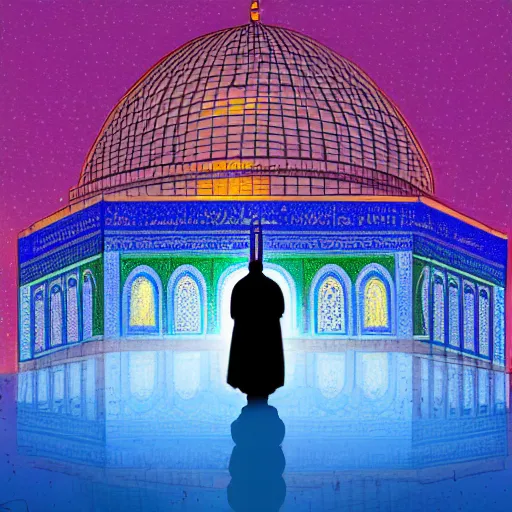 Image similar to a beautiful illustration of dome of the rock jerusalem and a silhouette of a muslim is praying in front of it, intricate, elegant, glowing lights, highly detailed, digital painting, artstation, concept art, smooth, sharp focus, illustration, flat background