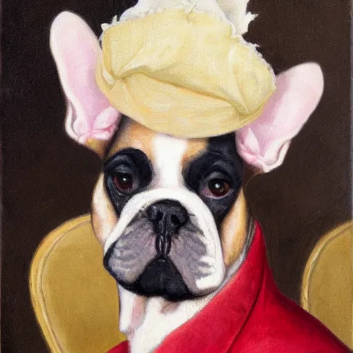 Image similar to a portrait of a french bulldog drinking wine and wearing an elizabethan ruff, oil painting