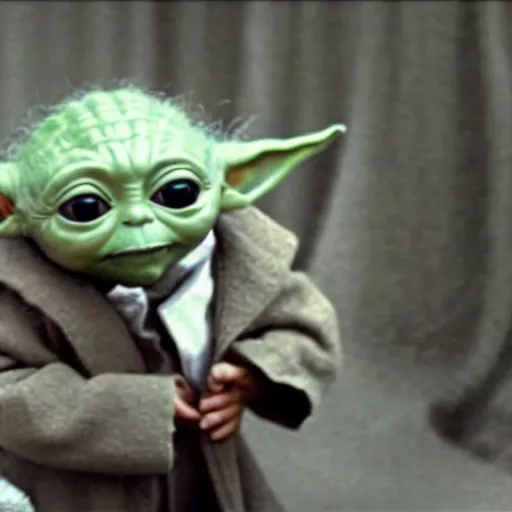 Image similar to a film still of baby yoda's son at his funeral wearing a suit in star wars realistic, detailed