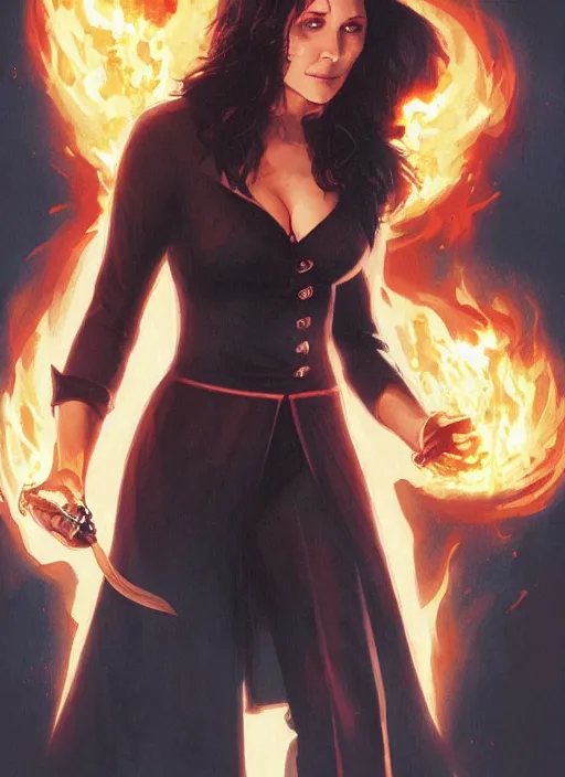 Image similar to a 8K DC comic of Prue Halliwell as Zatanna from DC comics , wavy hair . D&D style, sharp definition, surrounded by flames. Art by by Greg Rutkowski and Dan Mumford.