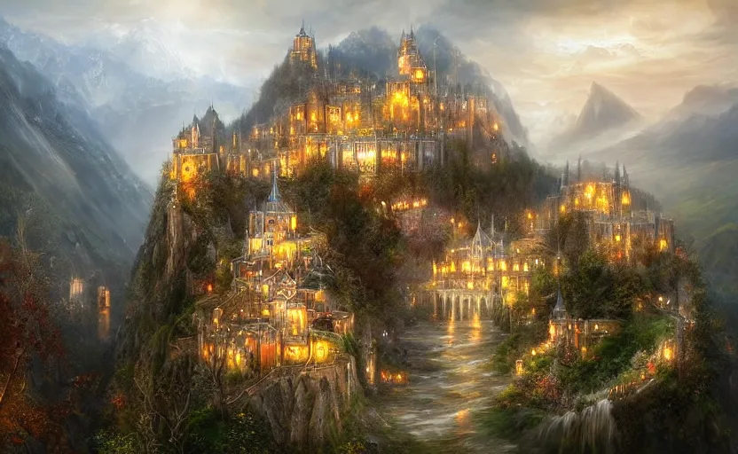 Image similar to beautiful secret city of the elves gondolin on top of a mountain, magical gloomy mystical. by konstantin razumov, fractal flame, chiaroscuro, highly detailded