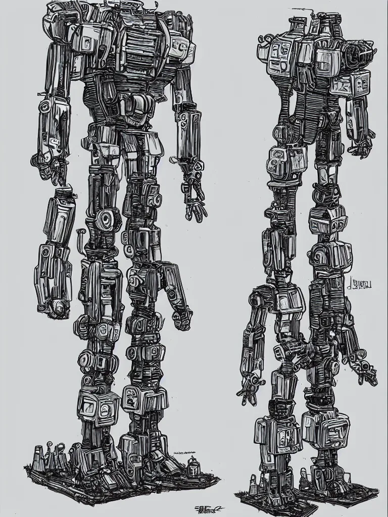 Image similar to bipedal mech inspired by a coffee maker, by jean giraud